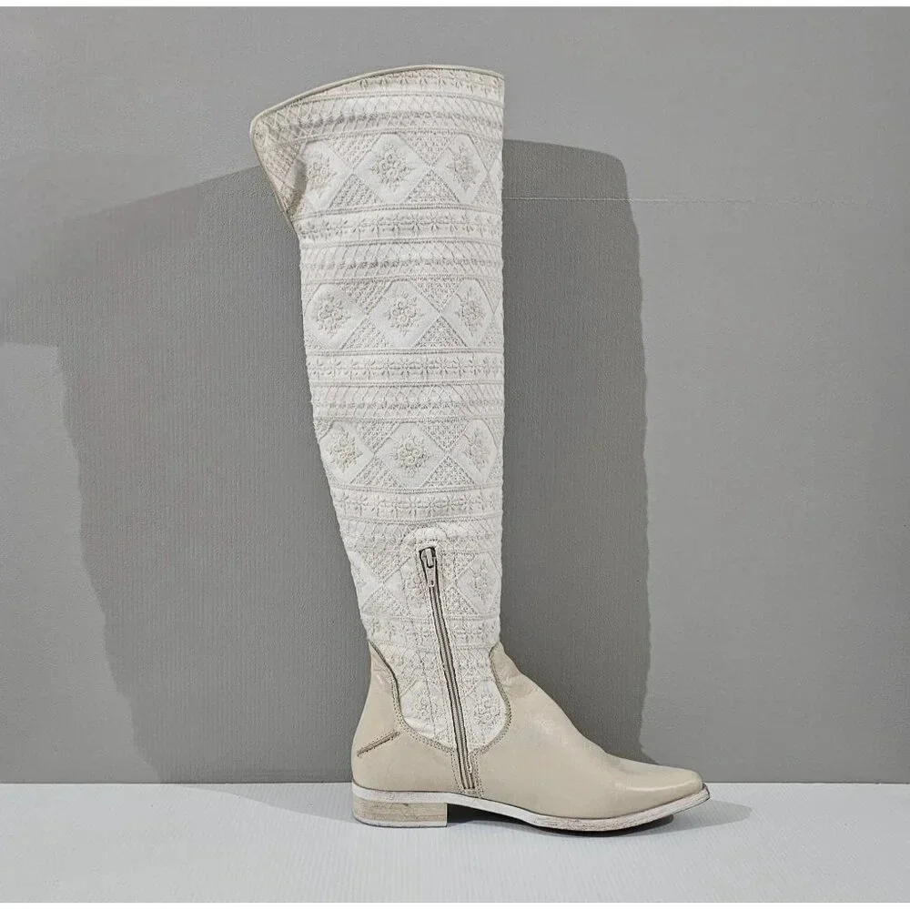 Free People Bren Knee High Boot Womens EU 37 Cream Embroidered Slouchy Boho